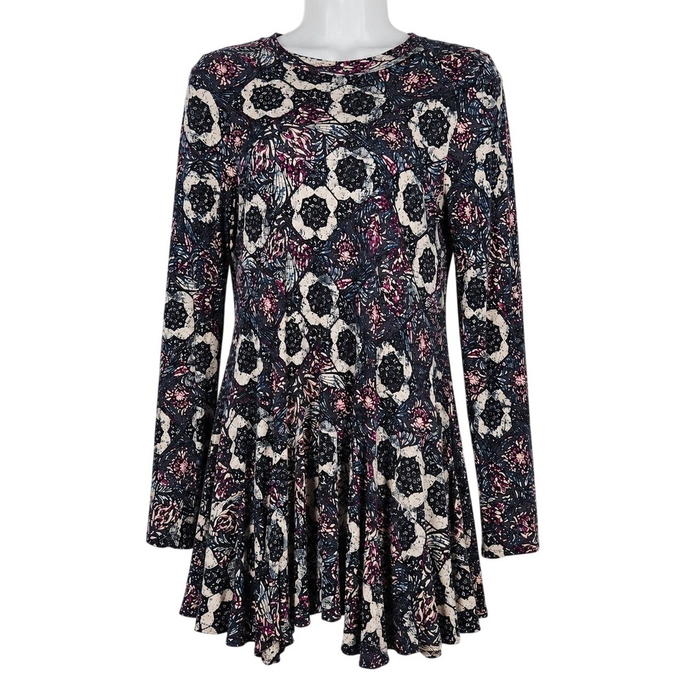 Free People Annabelle Mock Neck Tunic Dress Women L Purple Floral Boho Fit Flare